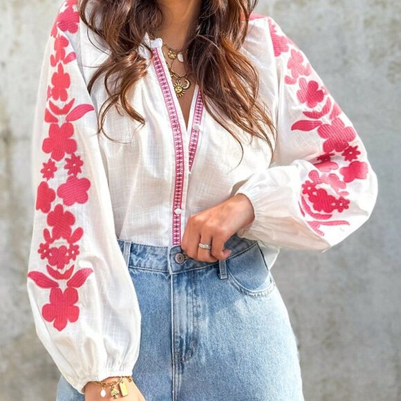 Tops - White Casual Women's Floral Embroidery Puff Sleeve Button-Up Shirt